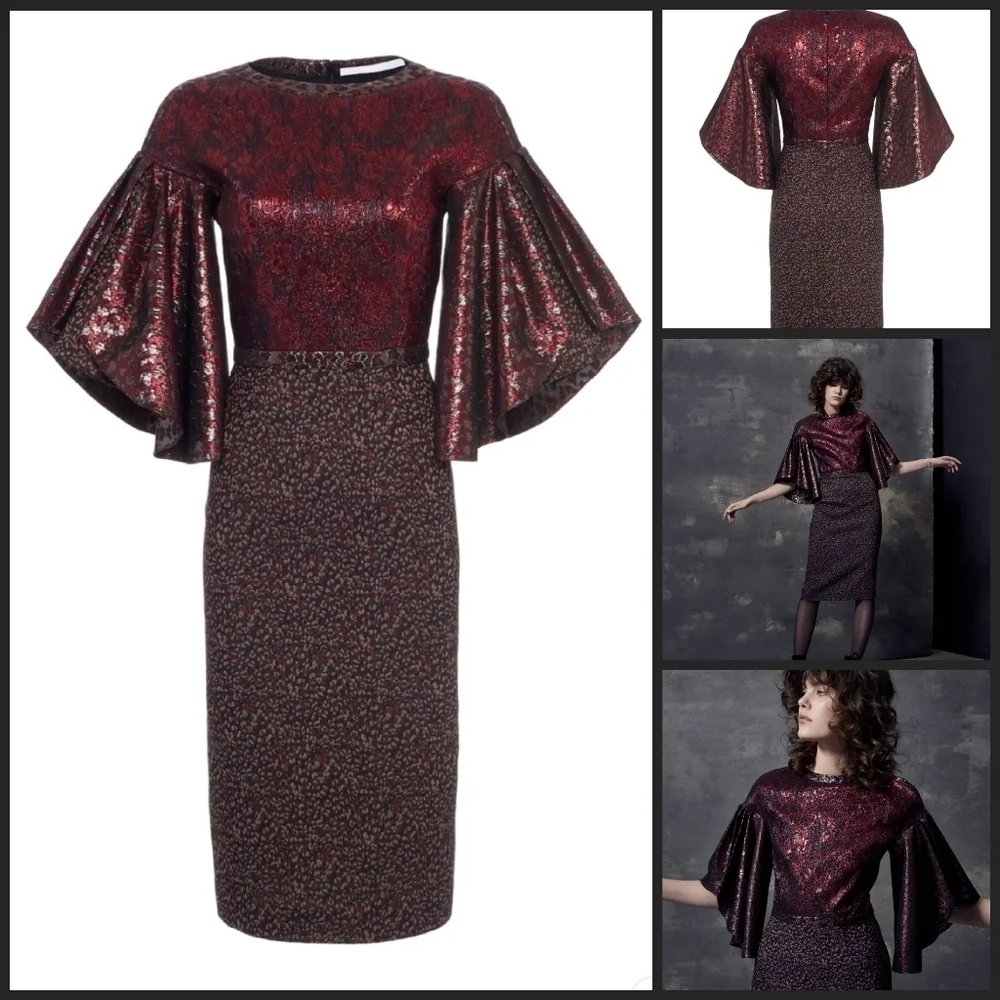 Audra Metallic Red Fan Sleeve Designer Cocktail Dress Like New